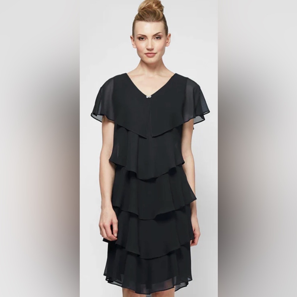 SLNY Black Georgette Ruffle Tiered Dress | Rhinestone Detail | Cocktail Party 16